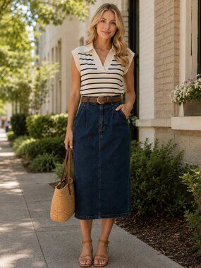 Vintage Dark Blue Denim Pencil Skirt with Brown Belt